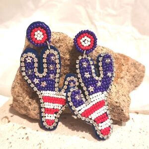 New Patriotic Beaded Cactus 4th Of July Independace Day Earrings